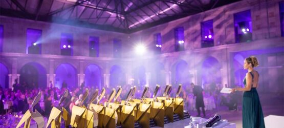 2019-11-29-european-excellence-awards-show-jl-8 Eine elegante Veranstaltung mit goldenen Auszeichnungen auf einem Tisch, während eine Moderatorin auf der Bühne spricht.