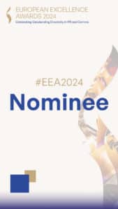 hrea24_nominee_1080x1920_v2 Hintergrund mit goldenen und blauen Akzenten, Text: "European Excellence Awards 2024, Nominee, #EEA2024".
