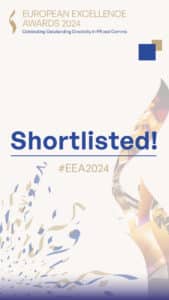 hrea24_shortlisted_1080x1920_v1_ Hintergrund in sanften Farben mit dem Text "Shortlisted!" und dem Hashtag "#EEA2024" in blauer Schrift.